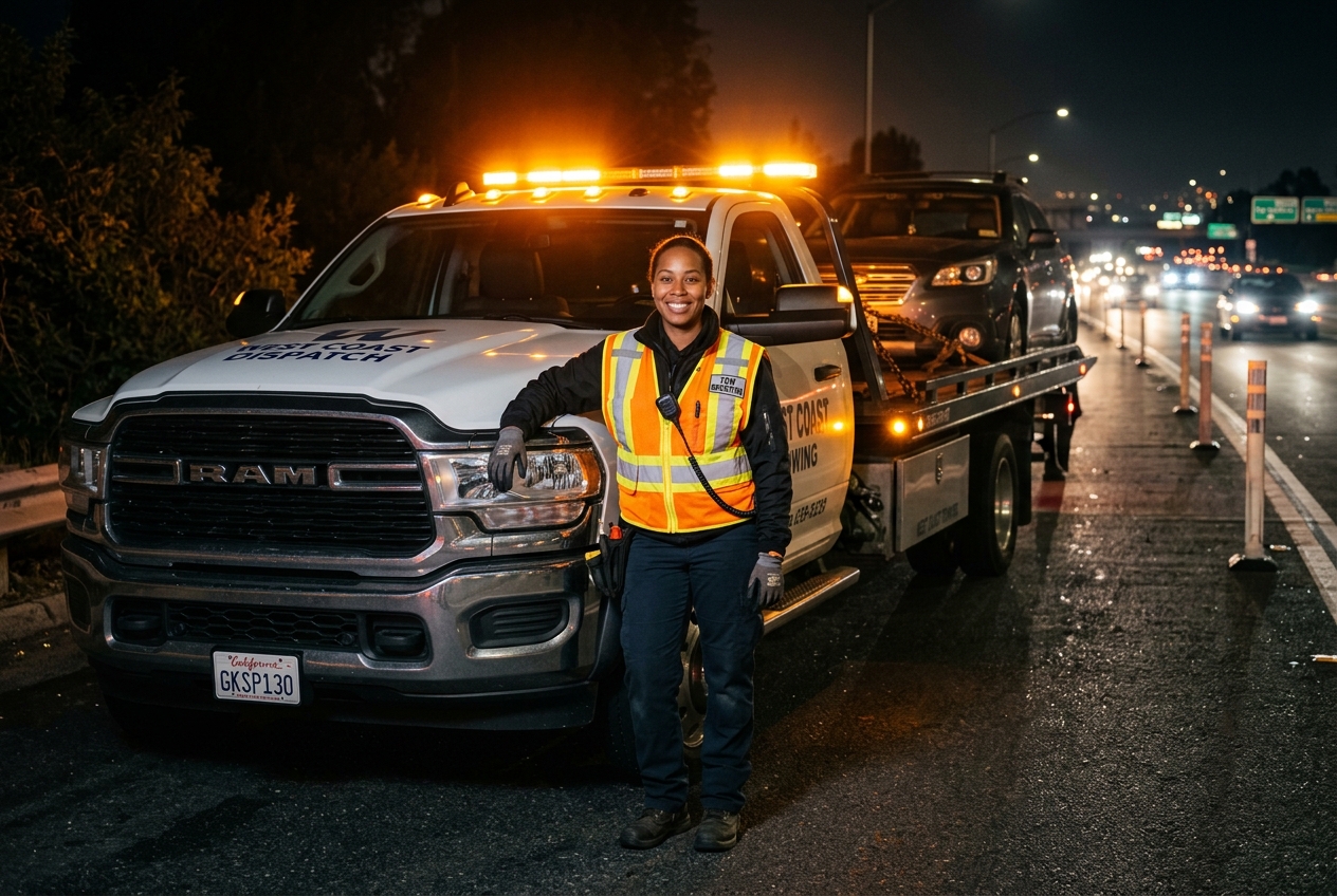 Jimenez Towing operator next to flatbed truck at night