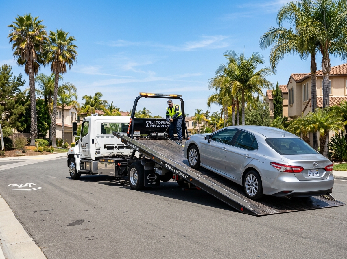 Flatbed tow truck loading a sedan in a California neighborhood