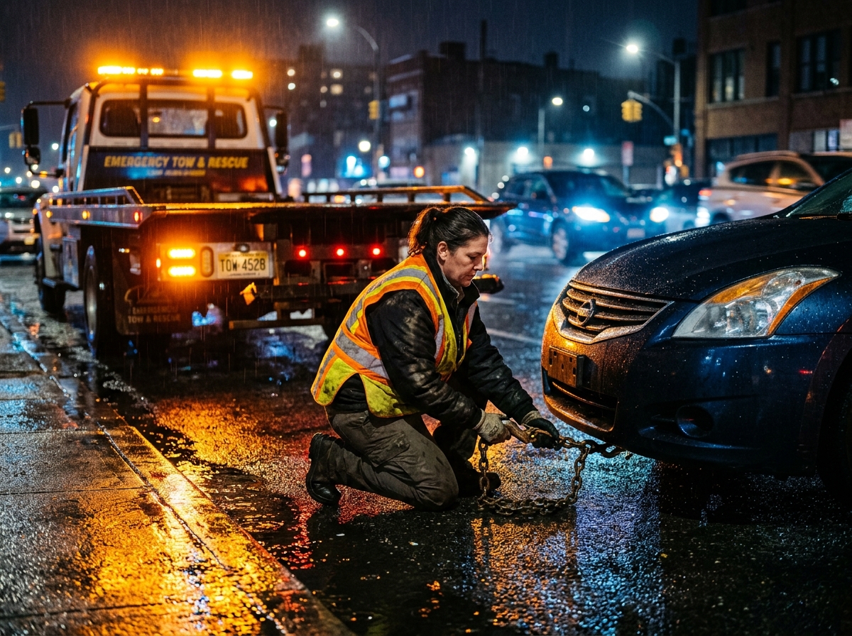 Tow operator connecting a vehicle for towing at night