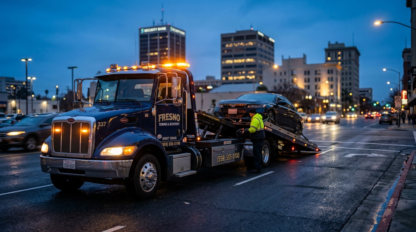 Tow truck with amber lights at dusk on a Fresno road