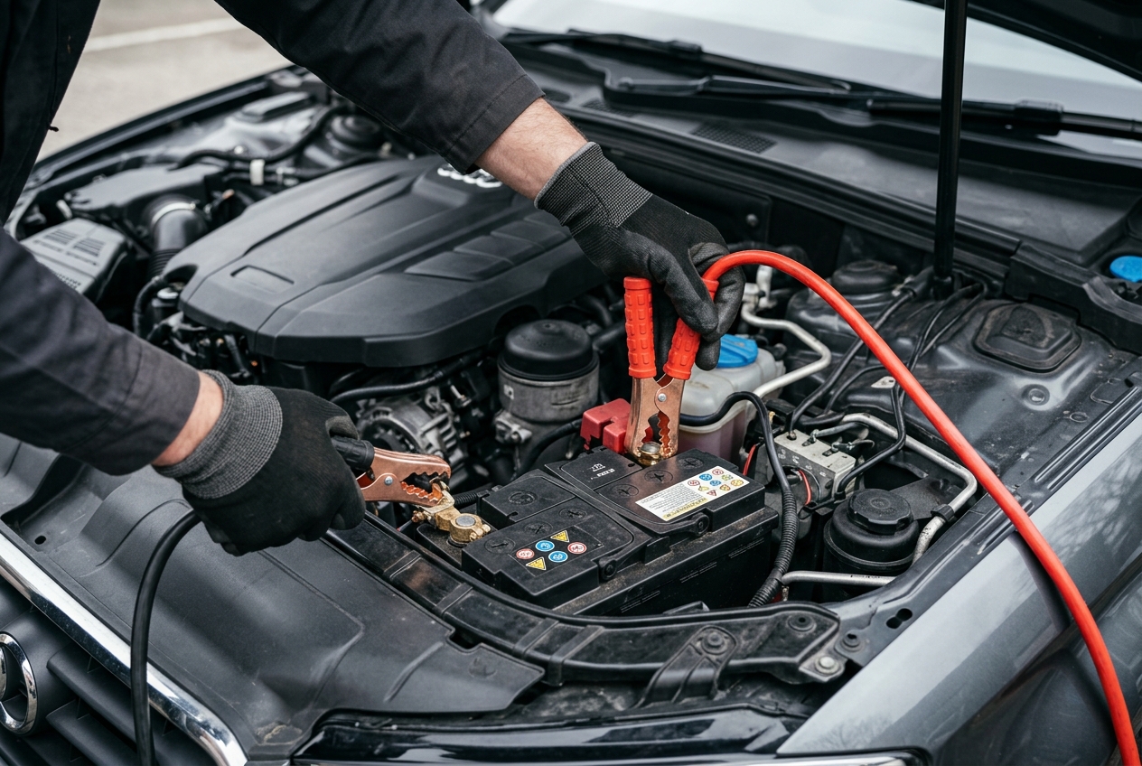Technician connecting jumper cables