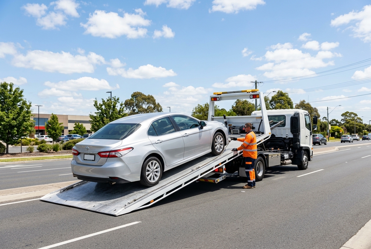 Flatbed tow truck loading a vehicle